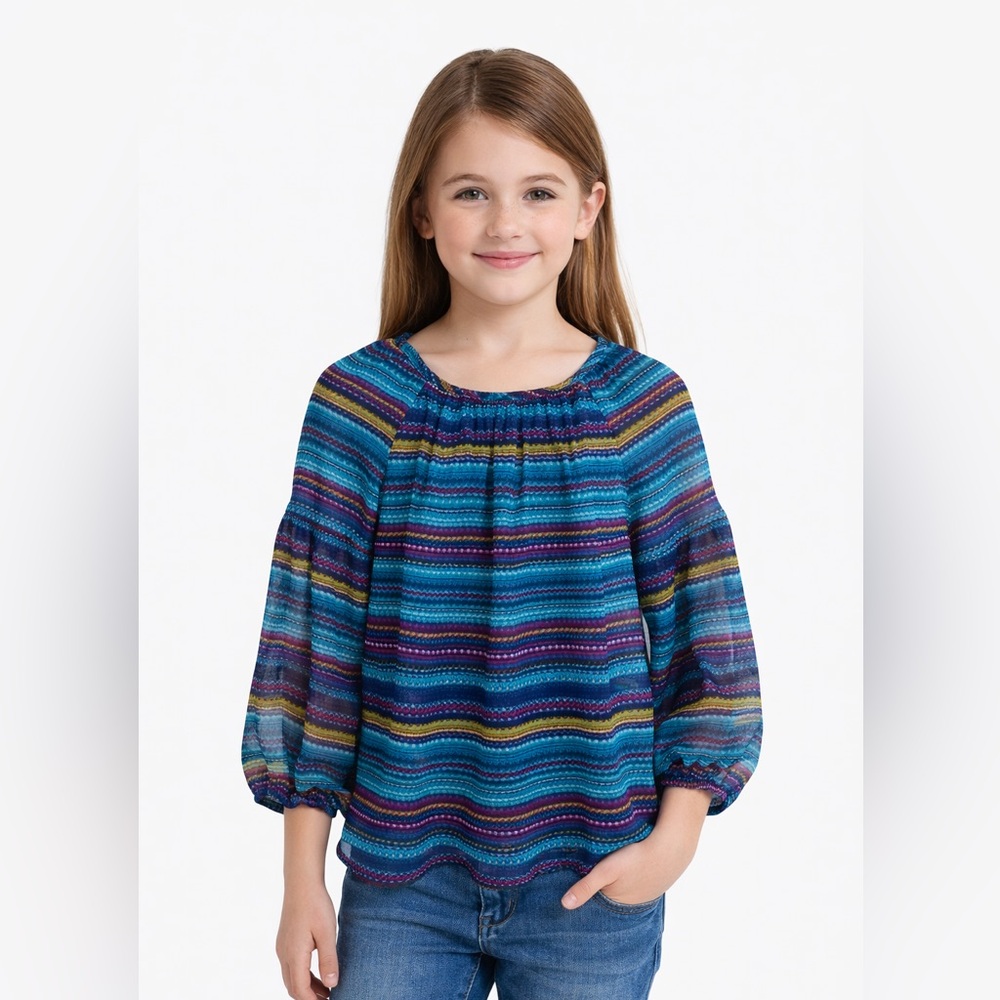 Amy’s Closet Girls Size L 14 Teal Multicolor Stripe Sheer Blouse